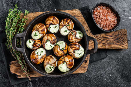 Delicatessen food - Bourgogne Escargot Snails with garlic butter in a pan. Black background. Top viewの写真素材