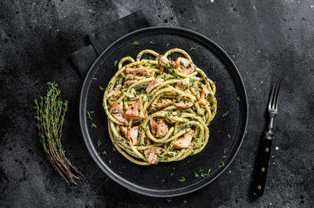 Bucatini Pasta with Smoked Salmon fillet and creamy spinach. Black background. Top viewの写真素材