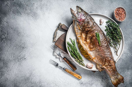 Baked silver trout, roasted fish on a plate with herbs. White background. Top view. Free space for your textの写真素材