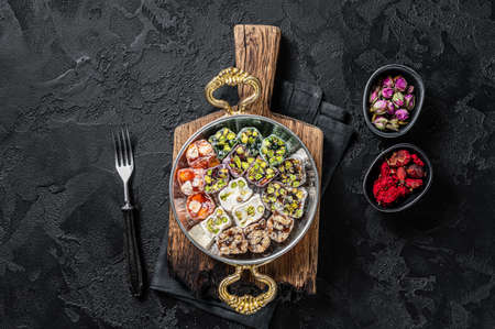 Turkish Delight Lukum, a national dessert. Black background. top view.の写真素材