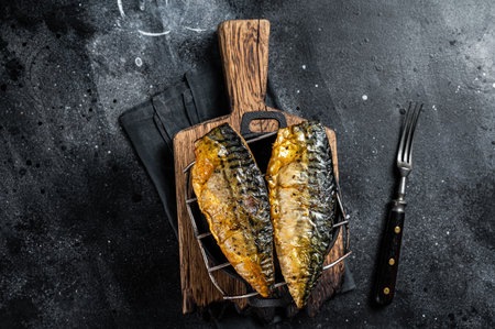 Grilled mackerel fish fillet on a grill. Black background. top view.の写真素材