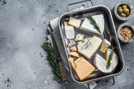 Different sorts of cheese - camembert, brie, blue cheese, parmesan with olives, nuts and herbs. gray background. top view. copyspace.の写真素材