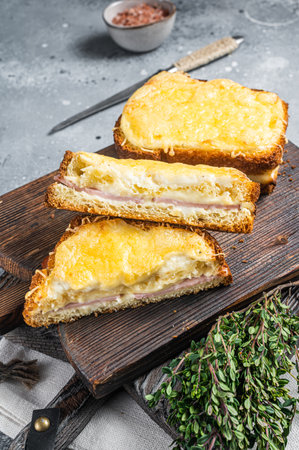 French Croque Monsieur sandwich with Cheese, Ham, Gruyere and Bechamel Sauce. gray background. top view.の写真素材