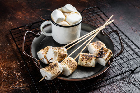 Fried Marshmallow on the sticks with Cup of coffee. dark background. top view.の写真素材