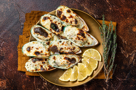Baked large mussels with cheese, cilantro and lemon in shells. dark background. top view.の写真素材