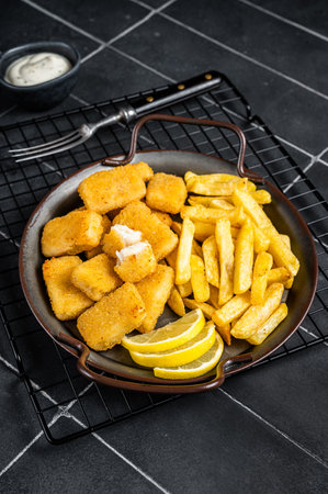 Fish and Chips, Fish Sticks with french fries in a steel tray with sauce. Black background. top view.の写真素材
