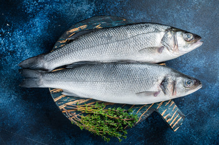 Uncooked Raw Sea Bass fish, Seabass with thyme. blue background. top view.