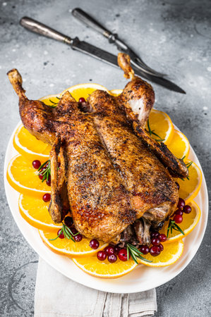 Christmas roast duck with apples and oranges, festive christmas recipe. gray background. top view.の写真素材