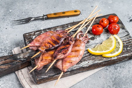 Japanese Barbecue Squid on stick. gray background. top view.の写真素材