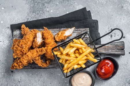 Breaded chicken strips with French fries and ketchup. Gray background. top view.の写真素材