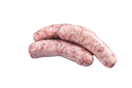 Raw Bratwurst sausages for BBQ with spices. isolated on white backgroundの写真素材