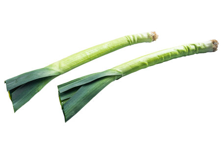 Raw Green Organic Leeks Ready to cook. isolated on white background.