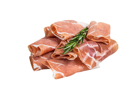 Italian prosciutto crudo parma ham on a table. isolated on white background.の写真素材