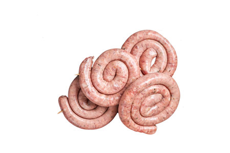 Traditional Raw spiral sausages on a marble board with thyme. isolated on white background.の写真素材