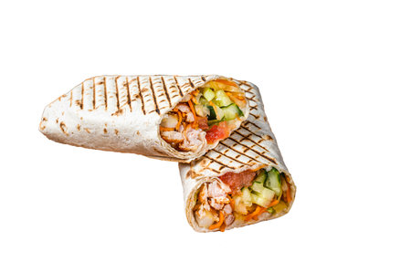 Shawarma durum doner kebab with meat and vegetable salad. isolated on white backgroundの写真素材