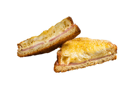 French toasts Croque monsieur and croque madame, grilled sandwiches on brioch bread with sliced ham, melted emmental cheese and egg. isolated on white background.の写真素材