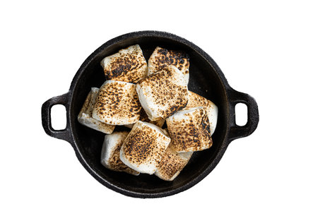 Toasted Marshmallow on open campfire in a skillet. isolated on white backgroundの写真素材