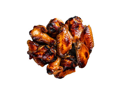 BBQ chicken wings in dip Barbecue sauce. isolated on white backgroundの写真素材