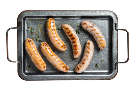BBQ Grilled Bratwurst and Bockwurst pork meat sausages on a steel serving tray. isolated on white backgroundの写真素材