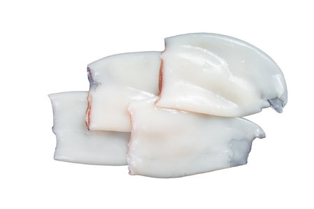 Raw Squid or Calamari tubes on a kitchen table. isolated on white backgroundの写真素材