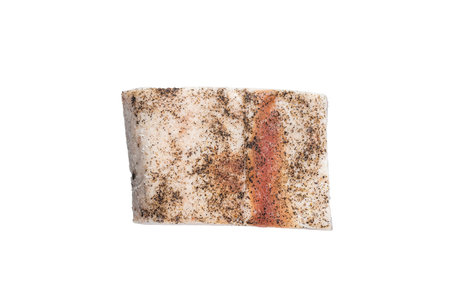 Salty lard with garlic and black pepper. isolated on white backgroundの写真素材