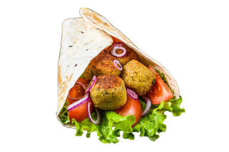 Vegetarian Tortilla wrap with falafel and fresh salad, vegan tacos. isolated on white backgroundの写真素材