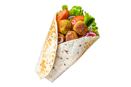 Vegetarian Tortilla wrap with falafel and fresh salad, vegan tacos. isolated on white backgroundの写真素材