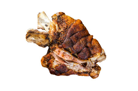 Roasted pork knuckle eisbein on a wooden board with herbs. isolated on white backgroundの写真素材