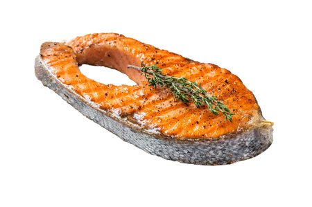 BBQ grilled Salmon Fish Steak on a grill with thyme and pink salt. isolated on white backgroundの写真素材