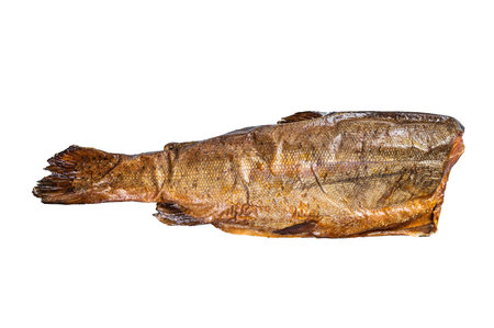 Hot smoked rainbow river trout headless. isolated on white background
