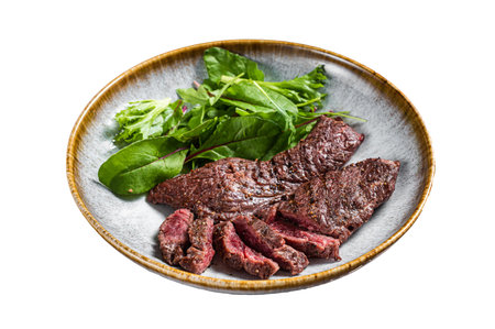 Beef sirloin skirt meat steak grilled. isolated on white backgroundの写真素材