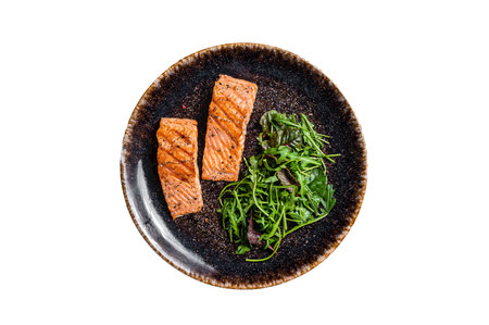 BBQ vegetarian dinner - grilled salmon fillets steaks on plate with salad. isolated on white backgroundの写真素材