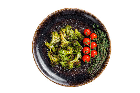 Grilled Roasted broccoli cabbage with herbs on plate. isolated on white background.の写真素材