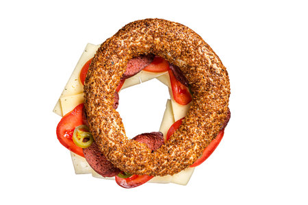 Sandwich with bagel simit, lettuce, tomato, cheese and sausages sucuk. isolated on white backgroundの写真素材