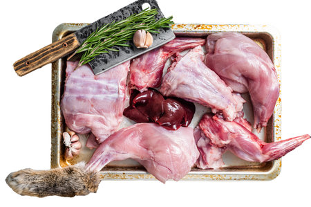 Raw wild hare slices legs, fresh game meat in steel tray with herb. isolated on white backgroundの写真素材