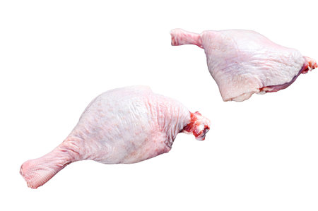 Free range raw Duck legs. isolated on white backgroundの写真素材