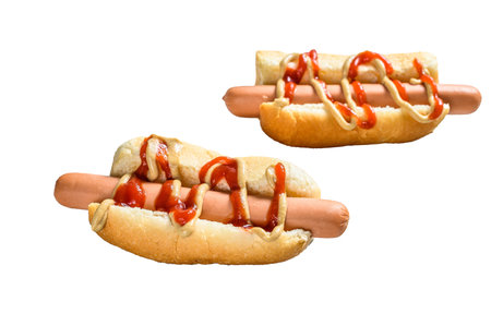 Hot Dog with Yellow Mustard and red ketchup. isolated on white backgroundの写真素材