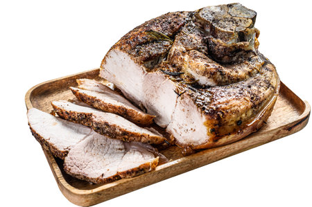 Roast sliced pork knuckle. leg meat. isolated on white backgroundの写真素材