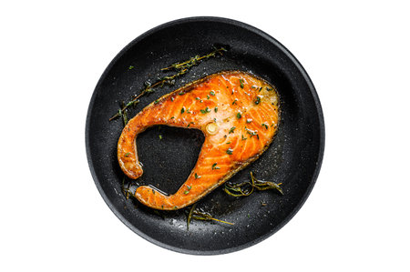 Grilled salmon steak in a pan. isolated on white background