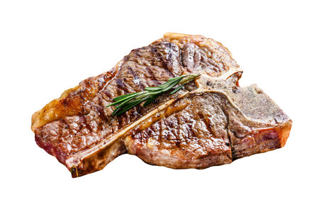 Grilled Porterhouse steak on a chopping board. Cooked beef meat. isolated on white backgroundの写真素材