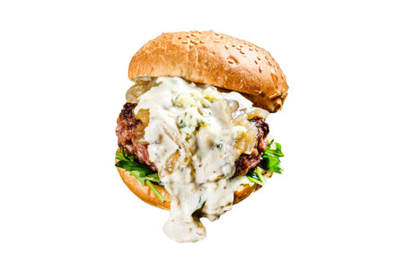 Delicious Burgers with blue cheese, bacon, marbled beef and onion marmalade, a side dish of salad with arugula and oranges. isolated on white backgroundの写真素材