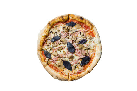 Italian Pizza with ham, mushrooms and Basil. isolated on white background.の写真素材