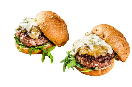 Delicious burgers with blue cheese, marbled beef, onion marmalade and arugula. isolated on white backgroundの写真素材