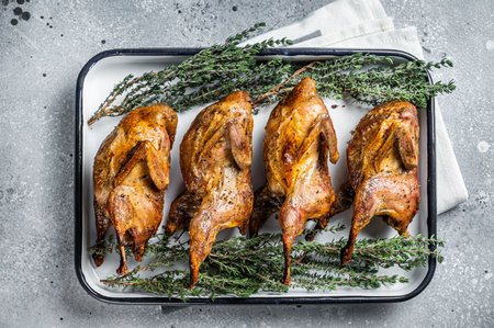 Homemade sticky Roast quails with spices and herbs in a baking dish. gray background. top view.の写真素材