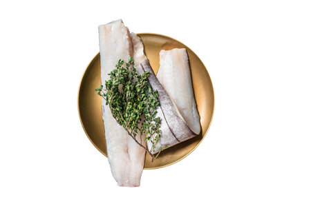 Whitefish fillet, raw Haddock fish on plate with rosemary and thyme. Isolated on white background