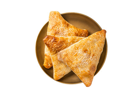 Samsa with chicken and cheese, samosa oriental pies. Isolated on white backgroundの写真素材
