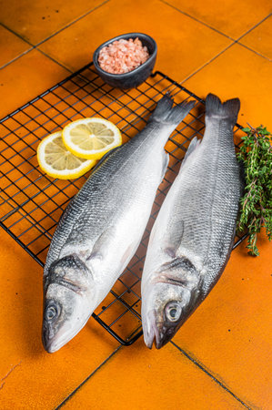 Raw Sea Bass fish with lime and herbs. Orange background. Top view.の写真素材