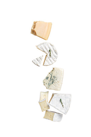 Cheese plate with camembert, brie, Gorgonzola, parmesan, olives, nuts and crackers. High quality Isolate, white backgroundの写真素材