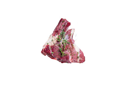Cooking of Raw lamb mutton leg with thyme, pepper and olive oil in baking tray. High quality Isolate, white backgroundの写真素材