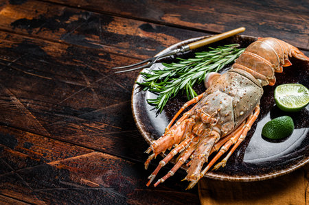 Gourmet dinner with Spiny lobster or sea crayfish on a plate. Wooden background. Top view. Copy space.の写真素材